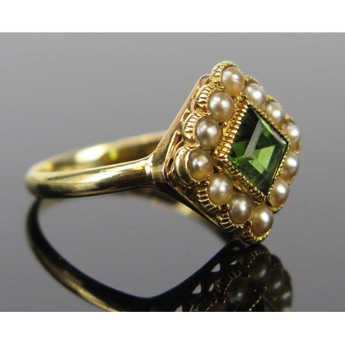 290 - An Antique 18ct Gold, Peridot and pearl (untested) Ring, millegrain set, 11.5mm head, M.25, 2.9g