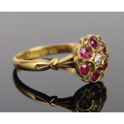 291 - An Antique 18ct Gold, Ruby and Diamond Cluster Ring in original box, 10.5mm head, Chester 1913, size... 