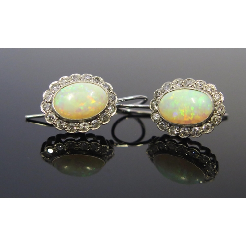 295 - A Pair of Opal and Diamond Earrings, 16x12mm heads, hinged hooks, unmarked, 4.4g