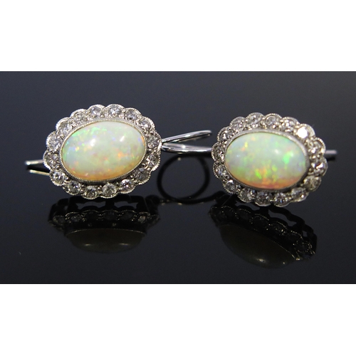 295 - A Pair of Opal and Diamond Earrings, 16x12mm heads, hinged hooks, unmarked, 4.4g