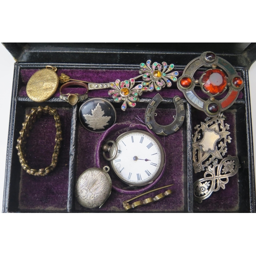 299 - A Box of Antique Jewellery, silver fob, etc.