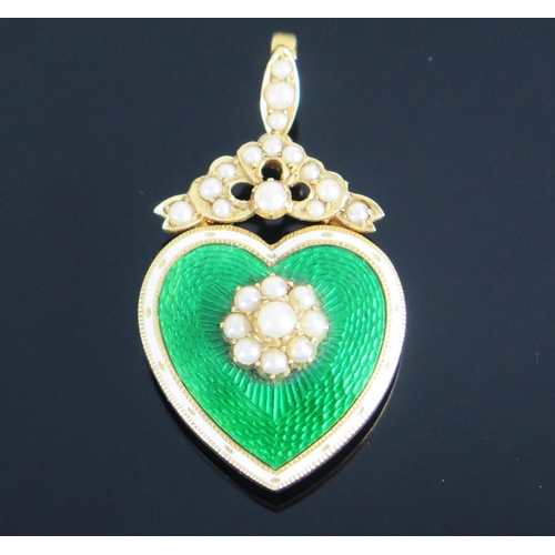 30 - A Victorian Green Guilloché Enamel and untested Pearl Heart Shaped Pendant Brooch in an unmarked hig... 