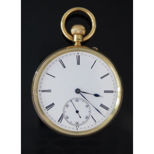 401 - A Large Victorian 18ct Gold Open Dial Keyless Pocket Watch, the 55.5mm case with enamel dial having ...