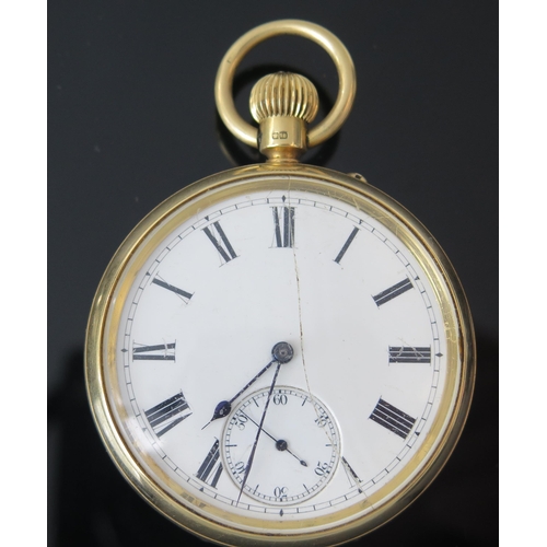 405 - A Victorian 18ct Gold Open Dial Keyless Pocket Watch with push button time set. The 50mm case with h... 