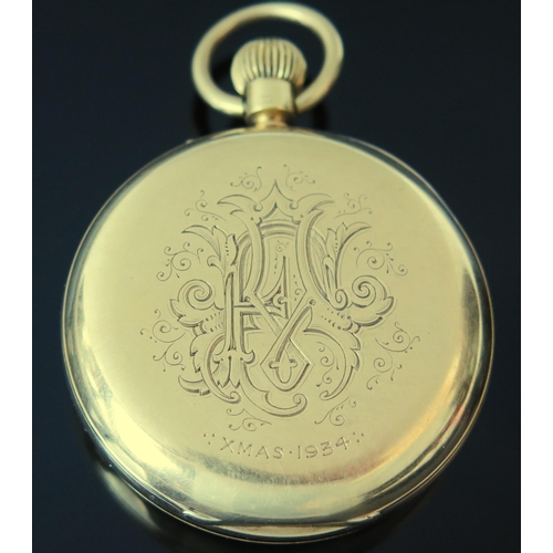 405 - A Victorian 18ct Gold Open Dial Keyless Pocket Watch with push button time set. The 50mm case with h... 