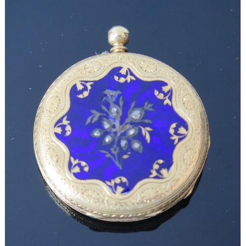 406 - A Ladies 18K Gold Fob Watch with blue enamel and rose cut diamond foliate decorated back, 31.5mm cas... 