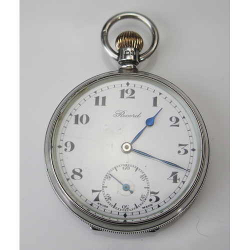 412 - A Record Silver Cased Open Dial Keyless Pocket Watch, 49mm case, Birmingham 1927. Winds, balance mov... 