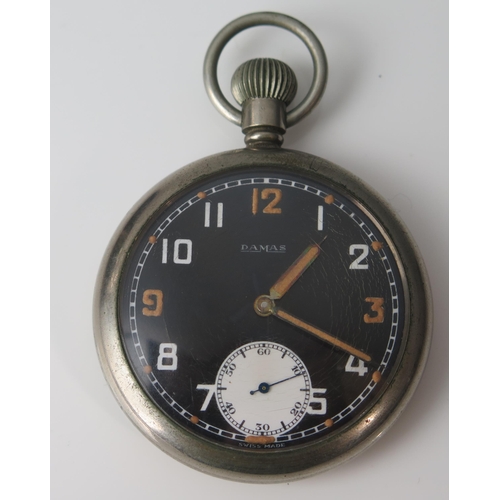 414 - A Damas Military Keyless Pocket Watch with black dial, the 52mm case with back marked with crow's fo... 