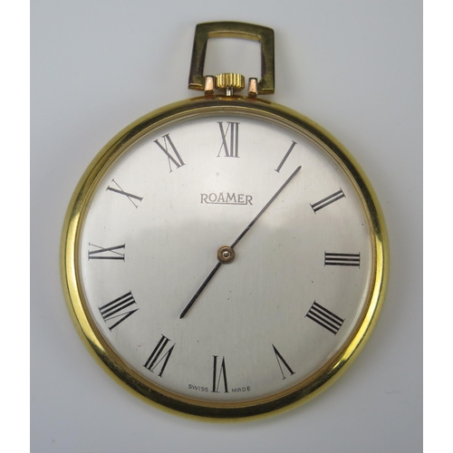 430 - A Roamer Open Dial Keyless Pocket Watch with 43mm gold plated case. Needs attention