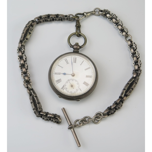 441 - A .800 Silver Cased Open Dial Pocket Watch (48mm diam.) and fancy white metal Albert with T-bar. Nee... 