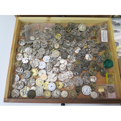 456 - A Selection of Ladies Wristwatch Movements and Dials and six drawer unit