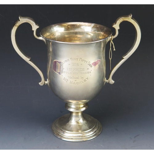 502 - A George V silver twin-handled trophy cup, maker Charles Edwards, London, 1914, inscribed, of ovoid ... 