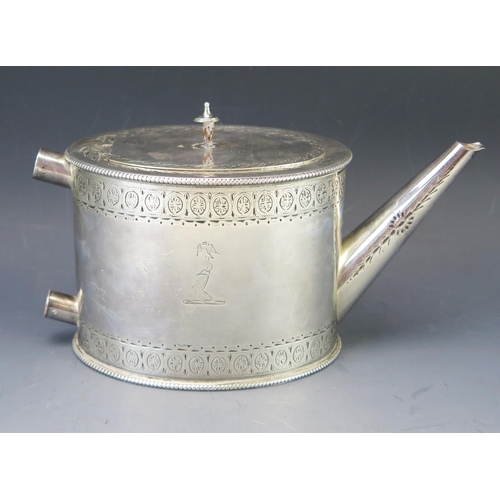 512 - A Victorian silver teapot, maker Andrew Crespel & Thomas Parker, London, 1866, crested, of oval outl... 