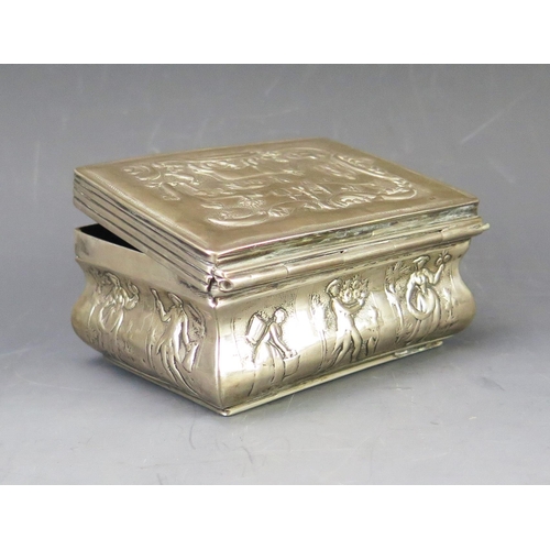 530 - A continental silver box, of rectangular outline, stamped marks, the lid and sides decorated with fi... 