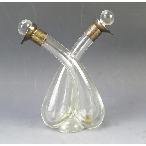 550 - A George V clear glass and silver mounted double oil bottle, marks for William Hutton & Sons Ltd, Bi... 