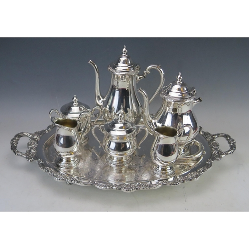 555 - A silver plated oval serving tray, assorted silver plated tea and coffee wares (a lot)