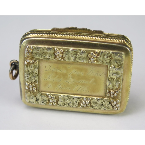 561 - A George III silver gilt vinaigrette, maker Samuel Pemberton, Birmingham, 1816, the lid inscribed 'S... 