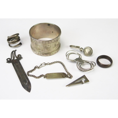 562 - A mixed collection of silver wares various makers and dates, includes, napkin ring, bookmarker, ring... 