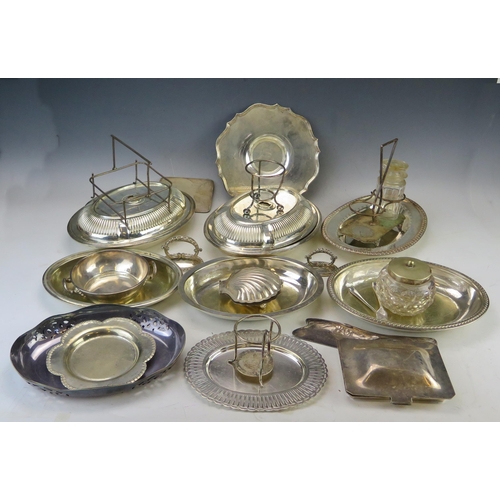 584 - A collection of assorted plated wares, including, Art Nouveau influence crumb tray, entree dishes an... 