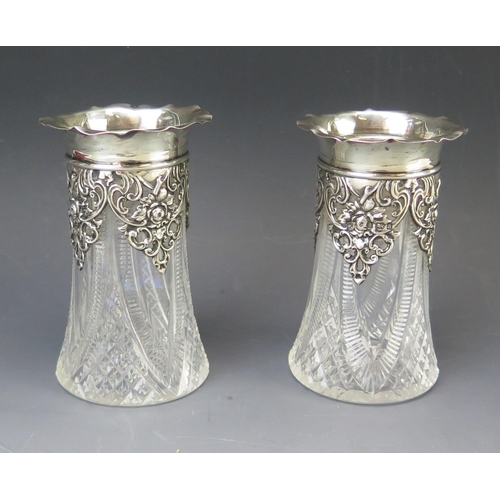 594 - A pair of late Victorian clear glass and silver mounted vases, maker's mark worn, Birmingham, 1900, ... 