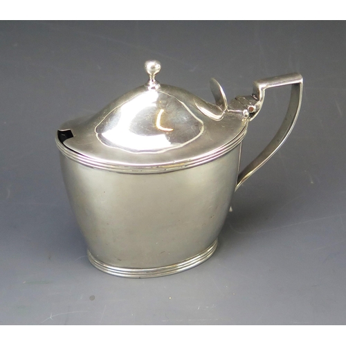 605 - A George IIII silver mustard pot and cover,  maker John Emes, London, 1799, of plain oval tapering f... 