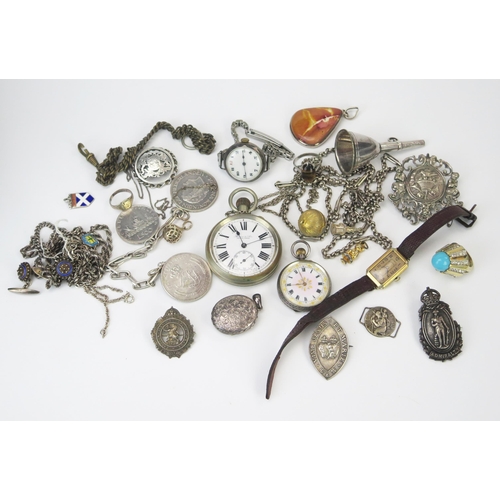 638 - A mixed collection of silver wares and plated wares including pocket watches, wristwatch, chains, lo... 