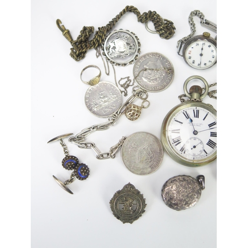 638 - A mixed collection of silver wares and plated wares including pocket watches, wristwatch, chains, lo... 