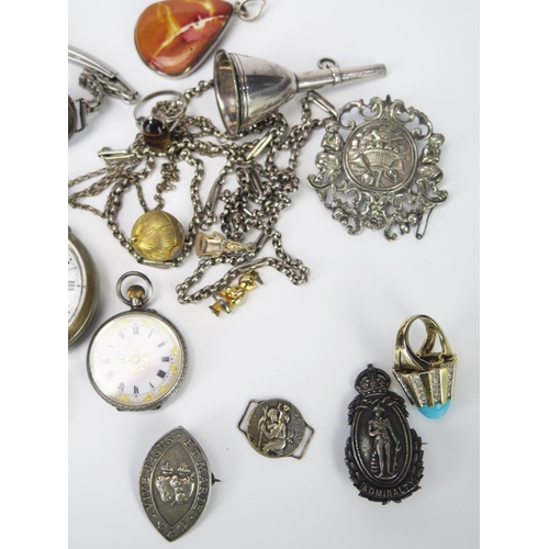 638 - A mixed collection of silver wares and plated wares including pocket watches, wristwatch, chains, lo... 