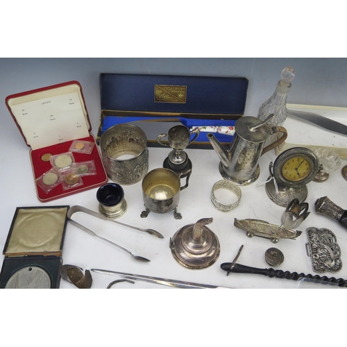 639 - A Georgian silver wine funnel a/f, assorted silver and plated wares, include vesta case, lorgnettes,... 