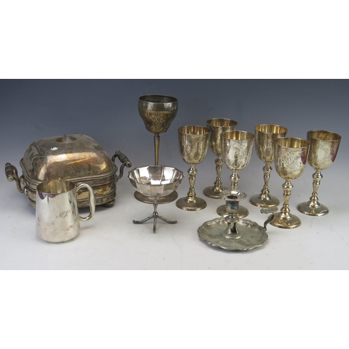 643 - A collection of plated ware including goblets, serving dish, chamberstick etc.