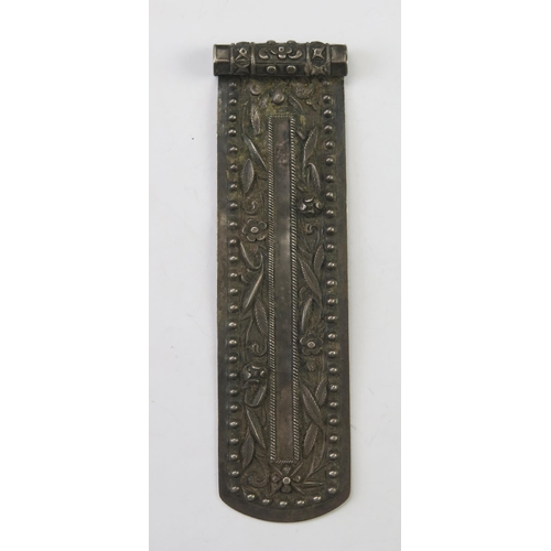 662 - A Chinese silver book mark, stamped marks, of rectangular outline with foliate and beaded decoration... 