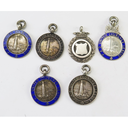 664 - A collection of silver and enamel fob medallions, mostly P&D United Churches League, total weight of... 