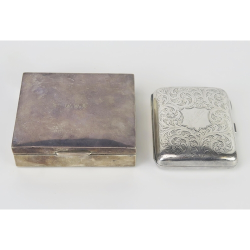 683 - A silver cigarette box, all marks worn, a silver thimble, spring scale and a plated cigarette case.