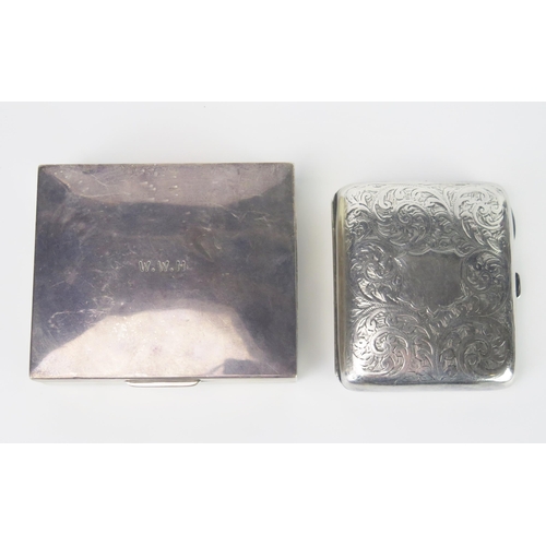 683 - A silver cigarette box, all marks worn, a silver thimble, spring scale and a plated cigarette case.