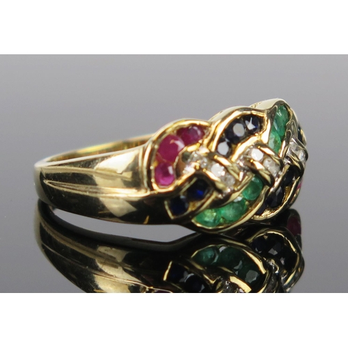 70 - A 9ct Gold, Emerald, Ruby, Sapphire and Diamond Ring, 10mm wide head, .10ct diamonds, size Q, 4.3g