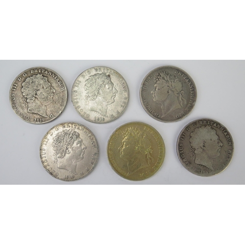 792 - Six George III Silver Crowns _ 1819 x3,1822, gilt 1822 and one rubbed date