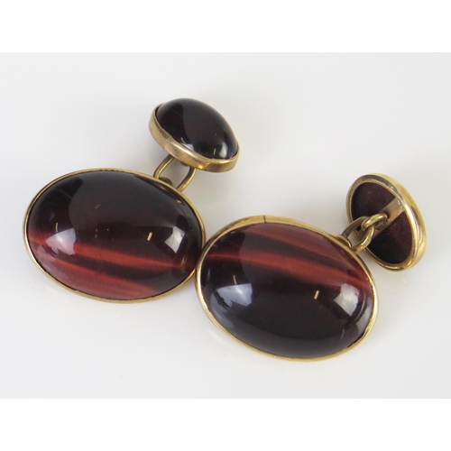 80 - A Pair of Large 9ct Gold Tiger's Eye Cufflinks, 26x19mm, 18.1g