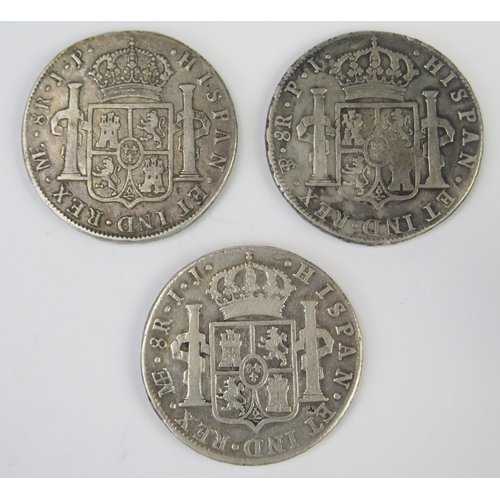 801 - Two Spanish Charles IV Silver 8 Reales 1799 & 1808 and Ferdinand VII 8 reales 1812