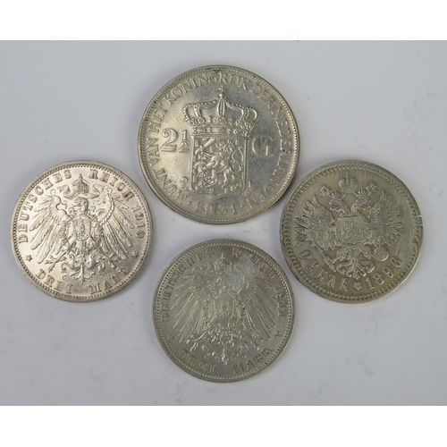 809 - Wilhemina Netherlands 2-1/2 Gulden 1931, two William II Kingdom of Prussia 3 marks 1910 & 1911 and N... 