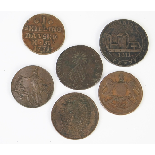 822 - A Collection of Copper Tokens, Coins and Medallions including 1811 Cornish Penny, 1788 Barbadoes (si... 