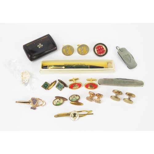 841A - A collection of cuff links, 6 pairs, two tie clips, a Guinness penknife and pin, Whitbread Darts, an... 