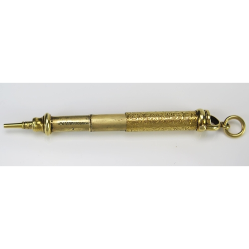 90 - S. Mordan & Co. Telescopic Fob Pencil with bloodstone end in a gilt or yellow metal casing with chas... 