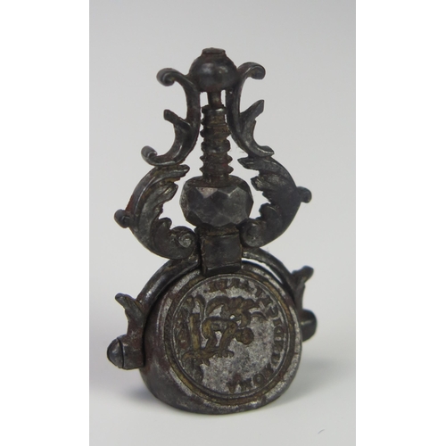 919 - An 18th century steel triple matrix seal on scroll suspension, contained in a shagreen case, togethe... 