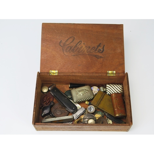 951 - A box of assorted collectables; includes vesta cases, scent bottle, pen knives, compass, magnifying ... 