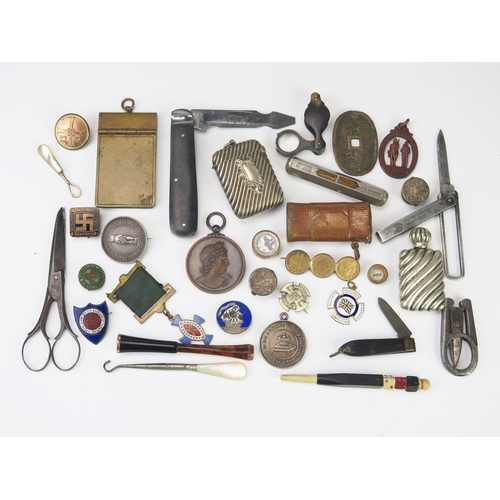 951 - A box of assorted collectables; includes vesta cases, scent bottle, pen knives, compass, magnifying ... 