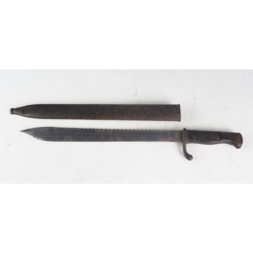 954B - A German Pioneer bayonet, model 98/05 with serrated saw back to the 37cm fullered blade, contained i... 