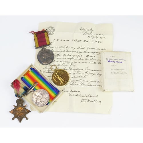 978 - Germain family
A China 1900 Medal to J.C.Germain. PTr. 1CL. HMS UNDAUNTED, a World War One trio to M... 