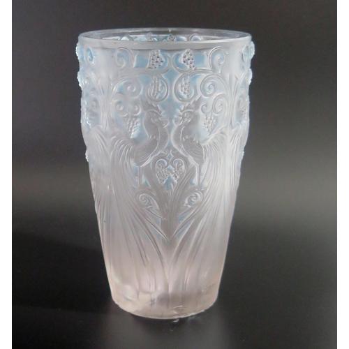 1291 - A Lalique vase, decorated with exotic cockerels, grapes and vine leaves, signed Lalique, internal cr... 