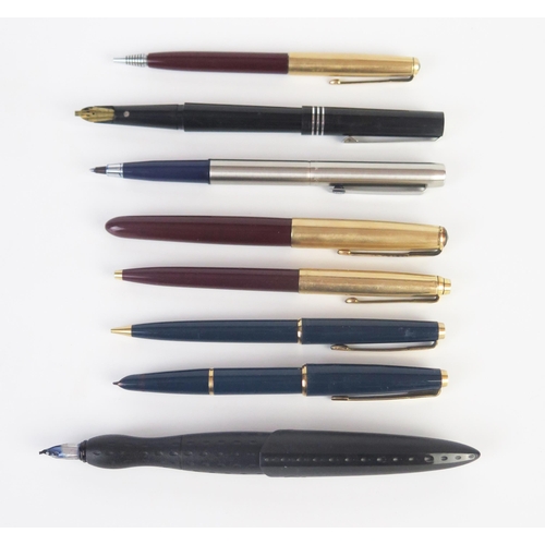 843 - A collection of assorted fountain pens, ball points and pencils