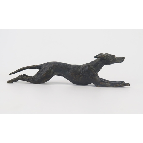 848 - A bronze model of a greyhound running at speed, unsigned, 12cm long